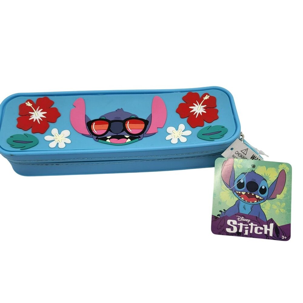 Disney Stitch Pencil Case Box With Zipper Closure & Flower Design Blue